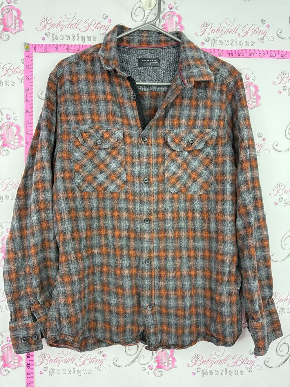 PROJEK RAW button up hooded Men's Orange & Gray Plaid Button-Down Shirt